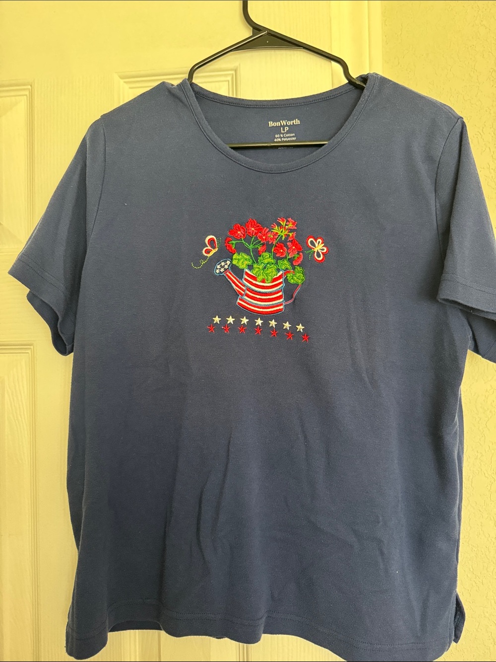BonWorth Navy Tee with Striped Watering Can and Floral Embroidery